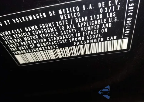 2017 Volkswagen Jetta 1.4T Se из США, поврежденный, VIN 3VWB67AJ0HM339922